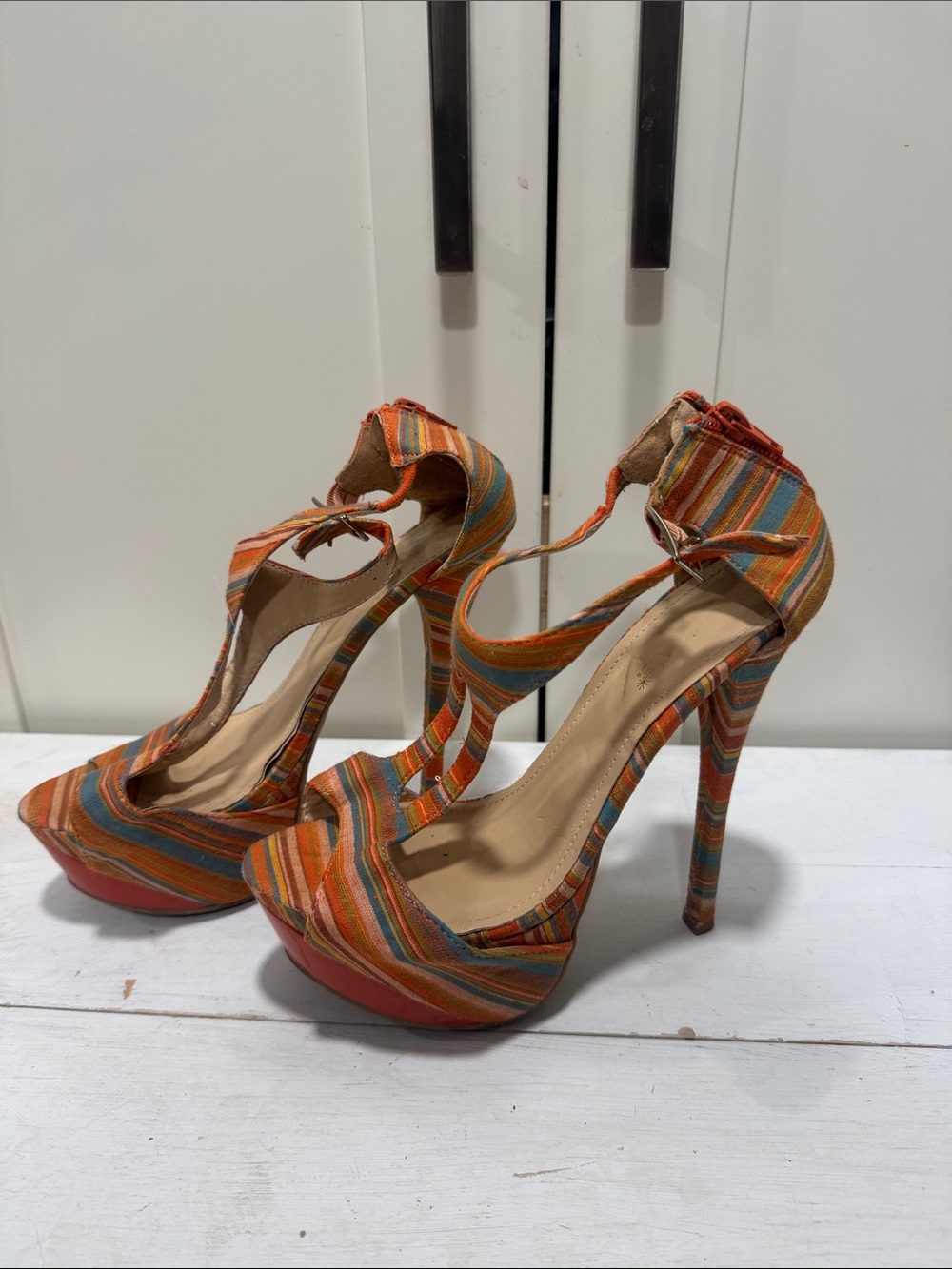 Striped Orange Multi High-Heel Platform Sandals